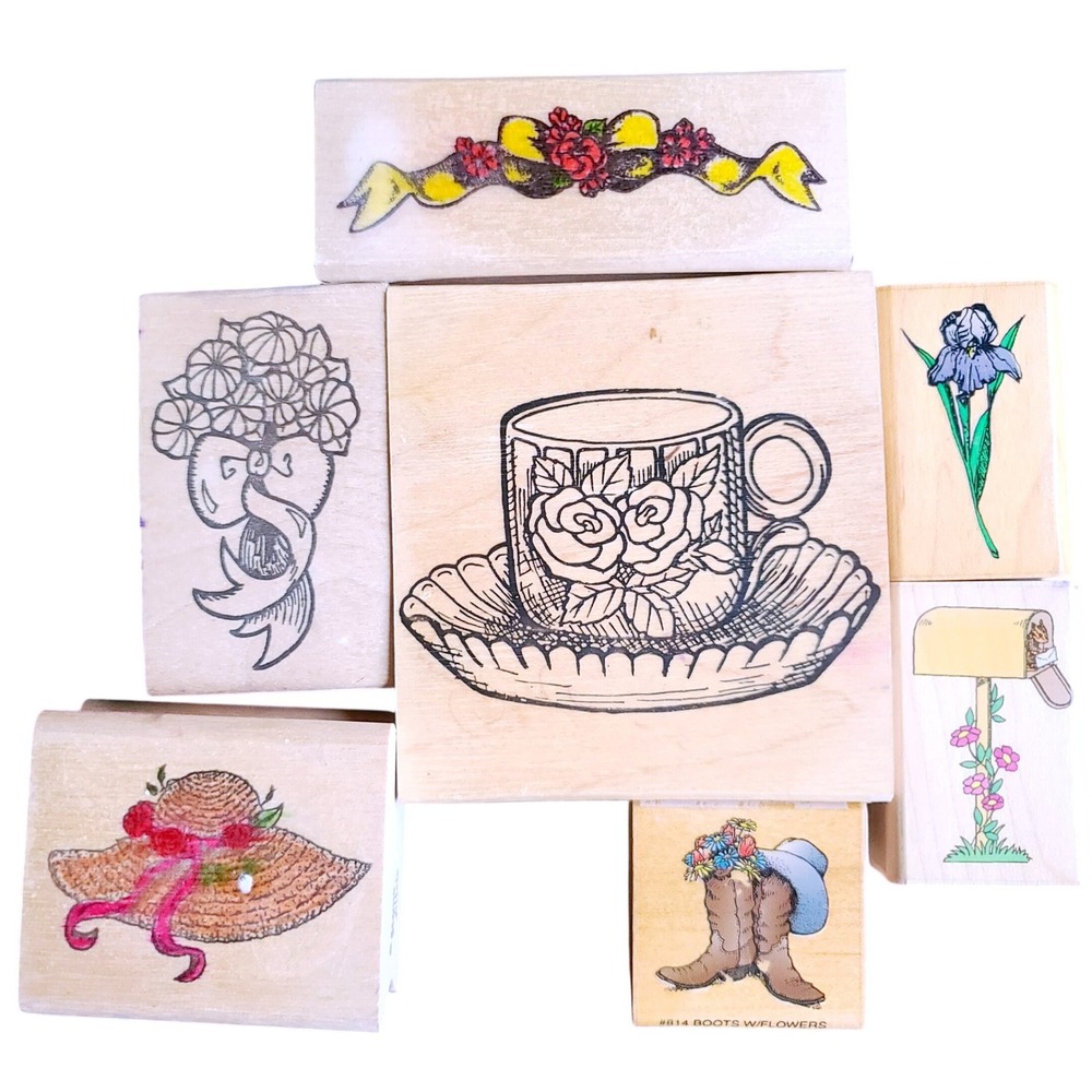 7pc Vintage Wood Mounted Rubber Stamps Lot Floral Teacup Mailbox Boots Garden